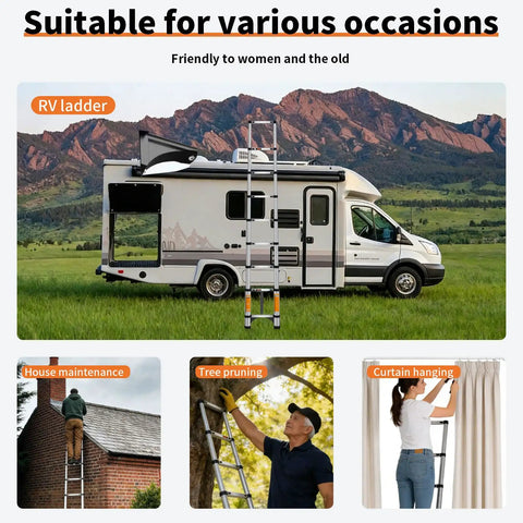 12.5 Ft Telescoping A Frame Ladder for Home Roof and RV Use, Heavy Duty Go To Step Ladder With EN131 Safety Certification, Supports Up To 330 Lbs, 20cm Inner Tube Overlap, Wide Non Slip Feet, Rock Solid Stability, RV use