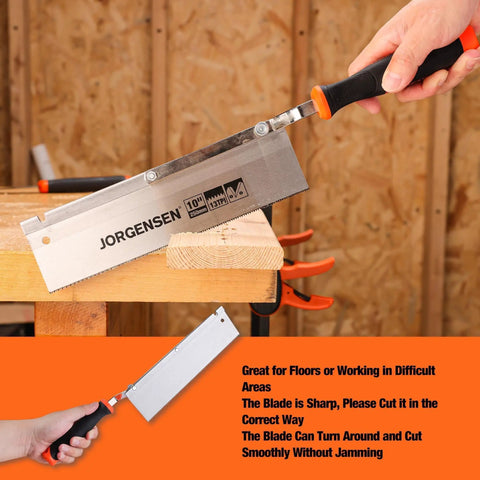 10 Inch Dovetail Jamb Saw With Reversible Blade being used to cut wood, showing cranked soft grip handle and SK5 steel blade