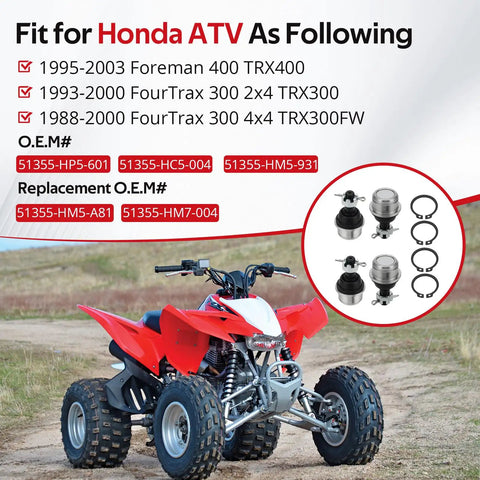 Upper And Lower Ball Joint Kit For Foreman 400 And TRX300 FourTrax ATV, Fits TRX400 1995 2003 And TRX300 1993 2000 4X4, Heavy Duty Rubber And Iron Build, 4 Pcs OEM 51355-HP5-601 51355-HC5-004 51355-HM5-931, 4-piece ATV suspension joints