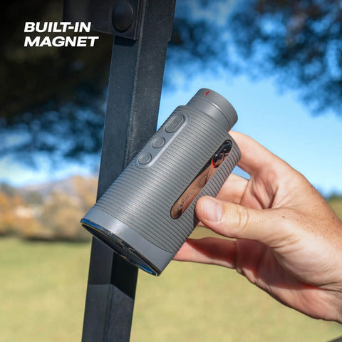 Captain Air Golf Rangefinder With Slope And GPS Distances being magnetically mounted on a cart.