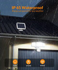 Solar Powered Motion Sensor Outdoor Light With 1600 Lumen White Flood Beams IP65 Waterproof Three Adjustable Heads on garage
