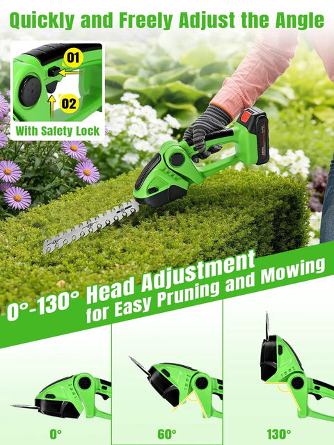 Cordless 2 In 1 Electric Hedge Trimmer With Dual Blades, 2000RPM Handheld Grass Cutter in use on a trimmed bush