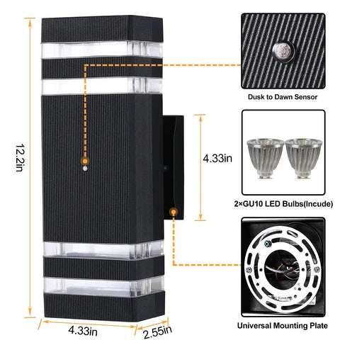 Two Pack Dusk To Dawn Outdoor Wall Lights Up And Down Sconce Black Aluminum Waterproof Exterior Porch Lights details