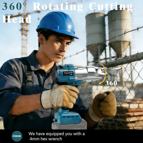 Worker using Cordless 14 Gauge Sheet Metal Cutter With 360 Degree Pivoting Head And 400Nm Brushless Motor Electric Metal Shears outdoors