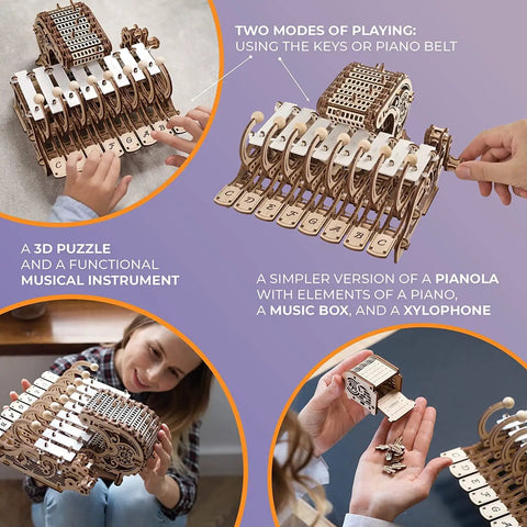 Mechanical Celesta Wooden Puzzle Kit For Adults, 3D DIY Musical Instrument That Doubles As A Functional Mini Piano, Music Box And Xylophone Brain Teaser, 4.7 Inch Tall Wood Model, with hands playing keys