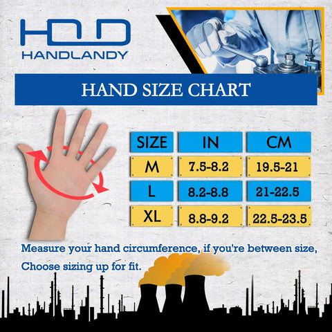 Hand size chart for gloves with hand measurement guide and sizes M, L, XL