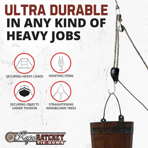 Beefed-Up Three Eighths Inch Braided Rope Block And Tackle System With Heavy Duty Pulley Hoist, 20 Foot Length lifting a bucket.
