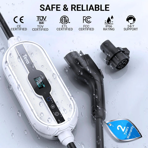 Heavy Duty Electric Vehicle Charger Built For Tesla Level 1 And 2 J1772 Portable Wall Mount with Wi Fi app control and 32 Amp connection.