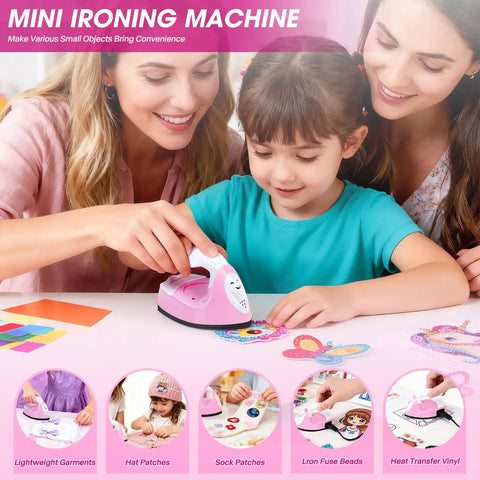 GoLashFun Cute Pink Mini Heat Press For Fuse Beads in use by a child with adult guidance, showcasing crafting activities.
