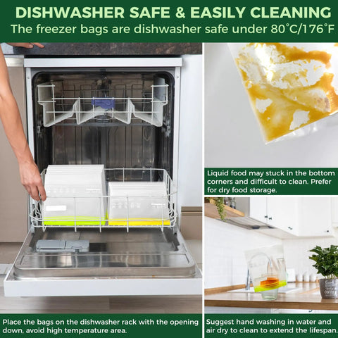 24 Pack Reusable Food Storage Bags Dishwasher Safe Microwave Safe BPA Free Freezer Bags loaded in dishwasher