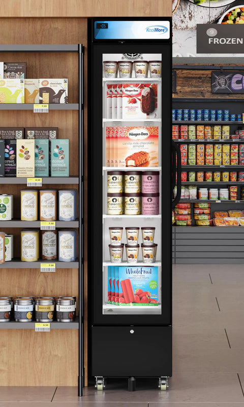 Slick Commercial Display Freezer With 6.5 Cubic Feet Capacity And 17 Inch Slim Profile showcasing ice creams and fruit bars behind glass.