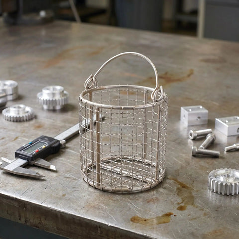 Healeved Stainless Steel Fine Mesh Cleaning Basket With Swinging Handle For Jewelry Watch Parts And Ultrasonic Cleaning In Industrial Lab Applications on workbench.