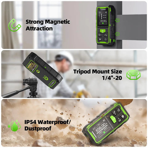 Dual Laser Distance Meter Pro Grade With 656ft Range Rechargeable Angled Sensor Magnetic Back For Easy Bilateral Measurements In Rooms And Jobsites With Long Battery Life And 5 Year Warranty, magnetic back, tripod mount, IP54