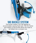 Freedom HD Scuba Mask With Ultra Wide 180-Degree View, Rotational Buckle System, detail of 180-degree rotational buckle in blue.