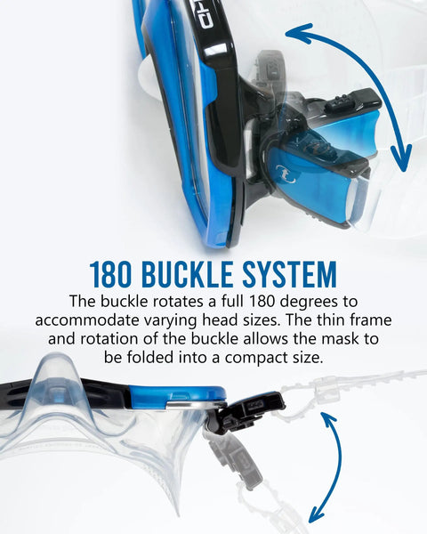 Freedom HD Scuba Mask With Ultra Wide 180-Degree View, Rotational Buckle System, detail of 180-degree rotational buckle in blue.