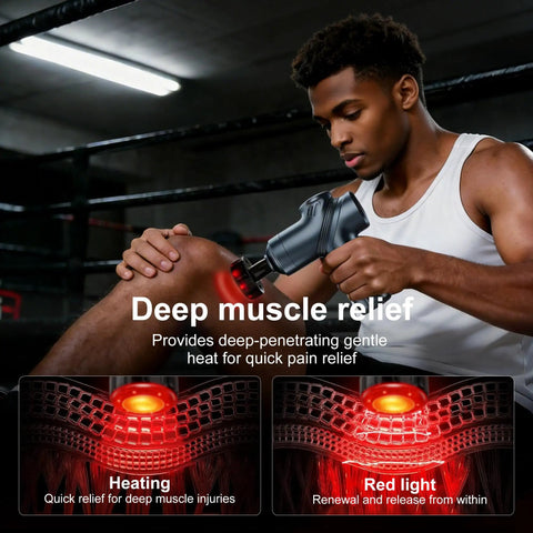 Man using Heat Massage Gun For Pain Relief With Deep Tissue Back Massager Mini Percussion Massage Gun in gym setting.
