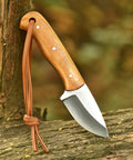 Five Point Five Inch Handmade Hunting Skinning Knife With Two Inch D2 Steel Fixed Blade And Three Point Five Inch Olive Wood Handle Premium Leather Sheath With Lanyard Hole EDC Bushcraft Camping And Survival Tasks resting on tree