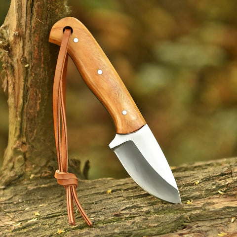 Five Point Five Inch Handmade Hunting Skinning Knife With Two Inch D2 Steel Fixed Blade And Three Point Five Inch Olive Wood Handle Premium Leather Sheath With Lanyard Hole EDC Bushcraft Camping And Survival Tasks resting on tree