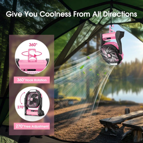 Go To Portable 20000mAh Rechargeable Fan With LED Lantern hanging in a tent, showing 360° rotation and airflow outdoors.