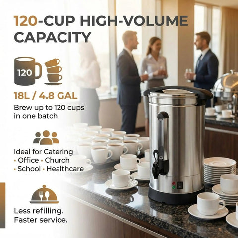 Heavy Duty 120 Cup Coffee Urn With 18 Liter Stainless Steel Construction Electric Hot Beverage Dispenser Auto Keep Warm Hot Water And Coffee Service For Catering Offices Parties Churches And Large Events in use at event.