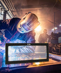 Welding scene with worker using 2 By 4.25 Inch Welding Lens With 3.0 Magnification Cheater Lens For Eye Protection, clear arc view, diopter options.