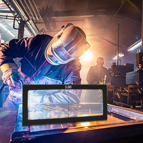 Welding scene with worker using 2 By 4.25 Inch Welding Lens With 3.0 Magnification Cheater Lens For Eye Protection, clear arc view, diopter options.