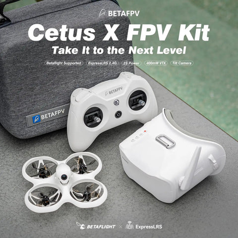 ELRS V3 Cetus X Betaflight FPV Kit with LiteRadio 3 Transmitter, VR03 Goggles, drone, and carrying case.