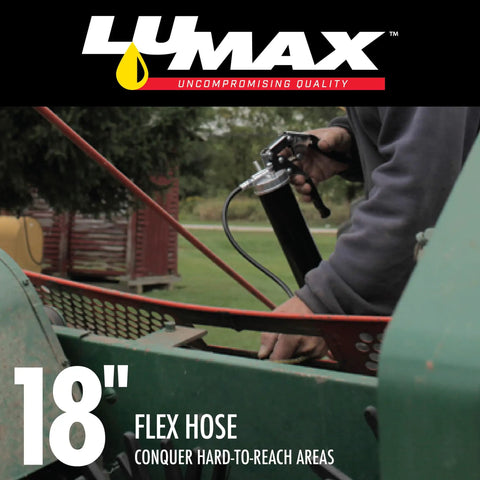 Person using Heavy Duty Deluxe Pistol Grease Gun With 18 Inch Flex Hose One Hand Operation Universal Fit for equipment maintenance.