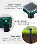 Solar Mole Repellent Ultrasonic 4 Pack showing solar panel, on/off switch and in-ground install.