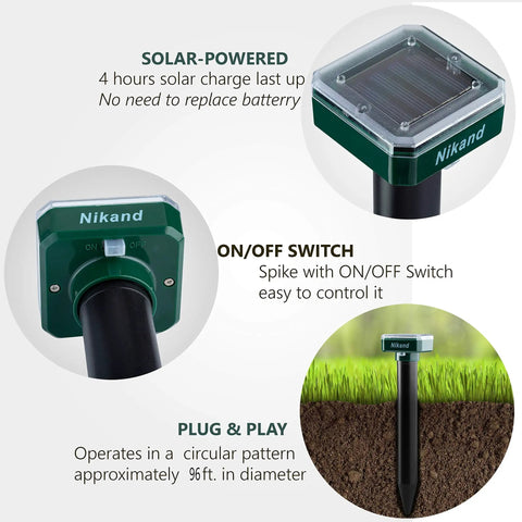 Solar Mole Repellent Ultrasonic 4 Pack showing solar panel, on/off switch and in-ground install.