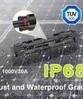 Heavy Duty 30 Pairs Solar Connector Kit With 60 Pcs Panel Cable Adapters IP68 Waterproof shown on solar panel.