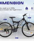 7 Speed Mountain Bike 26 Inch Dual Suspension MTB For Men Women Adults, Heavy Duty High Carbon Steel Frame, shown on road with dimensions.
