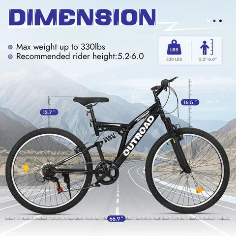 7 Speed Mountain Bike 26 Inch Dual Suspension MTB For Men Women Adults, Heavy Duty High Carbon Steel Frame, shown on road with dimensions.