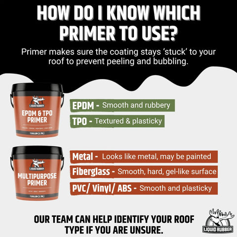Image showing EPDM & TPO Primer and Multipurpose Primer tubs with descriptions for different roof types.