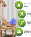 Woman using Teak Shower Stool for shaving, 12 inch compact foot stool, nonslip water resistant bath step, sturdy for stability.