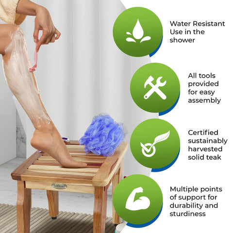 Woman using Teak Shower Stool for shaving, 12 inch compact foot stool, nonslip water resistant bath step, sturdy for stability.