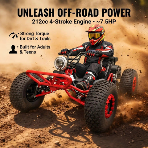 Beast 212cc 4 Stroke Off Road Go Kart With CVT Automatic Transmission, Hydraulic Disc Brakes, Electric And Pull Start, shown in action on dirt.