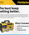 Fieldpiece VPX7 vacuum pump, 10 CFM, portable yellow/black HVAC tool with two oil bottles