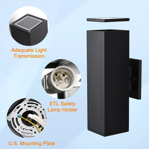 Product features of the Outdoor Wall Lights 2 Pack Dope Waterproof Exterior Lighting Fixtures Black Aluminum Porch Lights For Garage And House IP54 Weatherproof Outdoor Lighting For Patio Garden Front Porch, including aluminum body, U.S. mounting plate, and lamp holder details.
