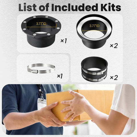 Amazon dust collection fittings kit: includes 1 flange with 3.77 in ID, 2 rings, 1 small hose clamp, and 2 rubber sleeves with clamps.