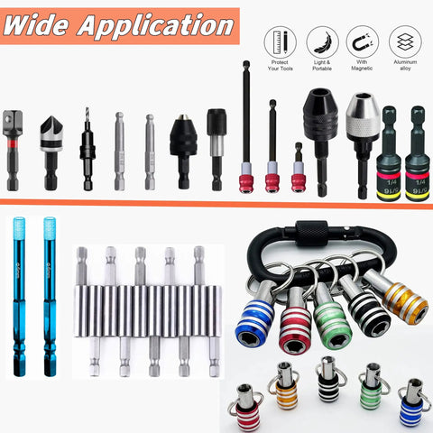 One Quarter Inch Hex Shank Bit Holder Extension Bar Keychain Screwdriver Bits Holder Drill Adapter Portable Hand Held Tool Accessory For Quick Bit Changes And Organized Bit Storage displayed with various bit holders and keychains