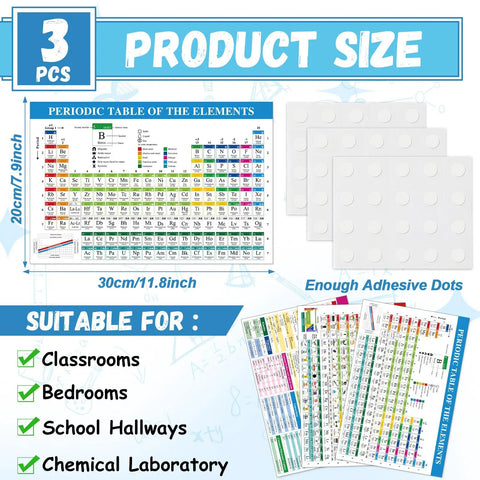 Triple Pack Periodic Table Posters with adhesive dots, suitable for classrooms, home study, 12x8 inch chemistry charts.