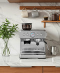 Automatic Espresso Machine With Grinder And 20 Bar Pressure Serves Up Straight Fire Lattes And Cappuccinos For Your Home Barista Gear on kitchen counter with plant.
