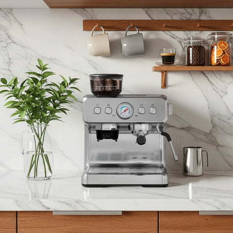 Automatic Espresso Machine With Grinder And 20 Bar Pressure Serves Up Straight Fire Lattes And Cappuccinos For Your Home Barista Gear on kitchen counter with plant.