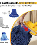 Person attaching blue looped-end mop to 60 Inch Heavy Duty Mop Handle Replacement With Quick-Lock ABS Clamp