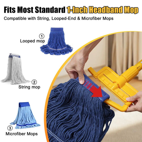 Person attaching blue looped-end mop to 60 Inch Heavy Duty Mop Handle Replacement With Quick-Lock ABS Clamp