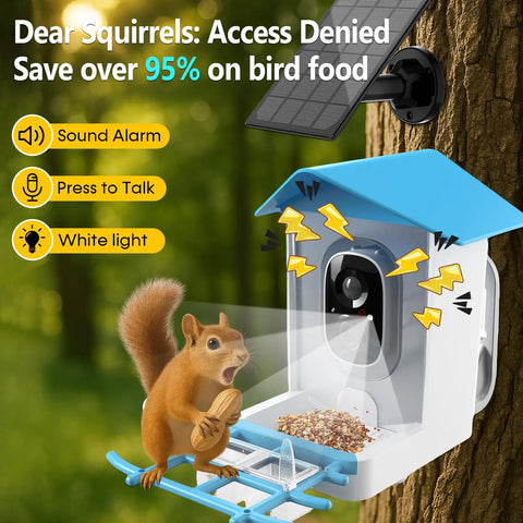 Solar Powered Bird Feeder With Camera For Backyard Watching 2K HD Live Streaming AI Species Recognition Motion Alerts Weatherproof All Season Outdoor Cam Great Gift For Beginner Bird Watchers And Nature Lovers shown on a tree with a squirrel activating the alarm.