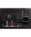 Back view of Beefy 450 Watt Computer Power Supply With 80 Plus Bronze Efficiency And Quiet 120mm Fluid Dynamic Fan, showing switch and power connector.