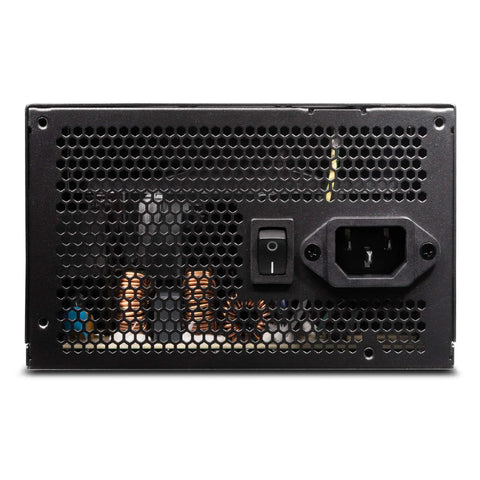 Back view of Beefy 450 Watt Computer Power Supply With 80 Plus Bronze Efficiency And Quiet 120mm Fluid Dynamic Fan, showing switch and power connector.