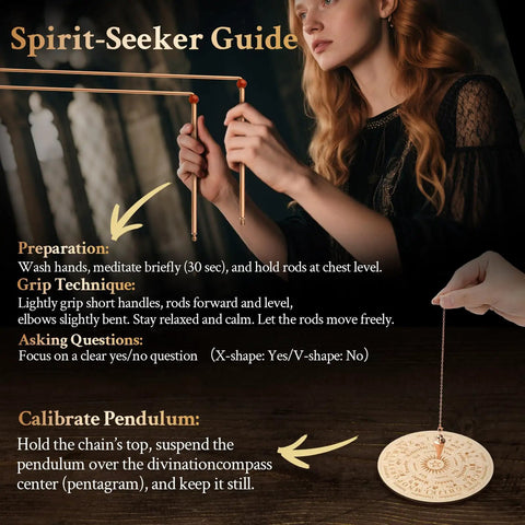 Two Pack Copper Dowsing Rods With Bag High Purity 99.9 Percent Copper Divining Rods For Energy Detection And High Sensitivity Ultra Precise Result L Shaped Design Minimizes Shake For Consistent Readings And Easy Handling, woman holding copper rods and pendulum guide